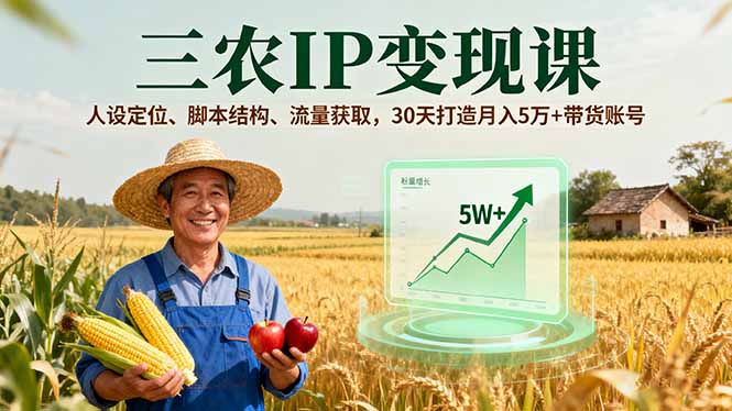 三农IP变现课，人设定位、脚本结构、流量获取，30天打造月入5万+带货账号-摇钱述